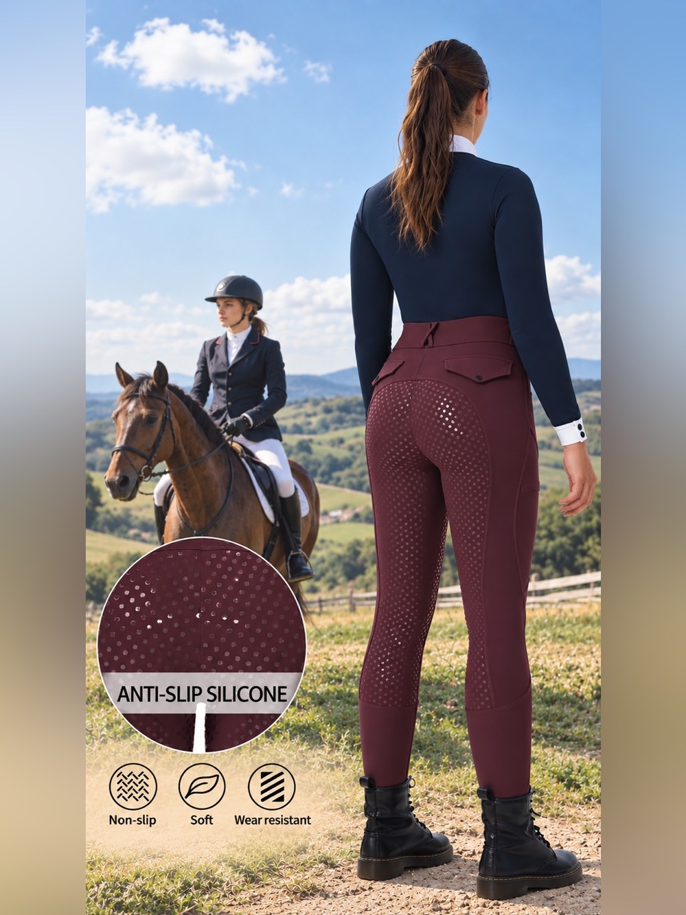 Womens 4 Way Stretch Silicone Full Seat Phone Pocket Pull On Breeches Burgundy
